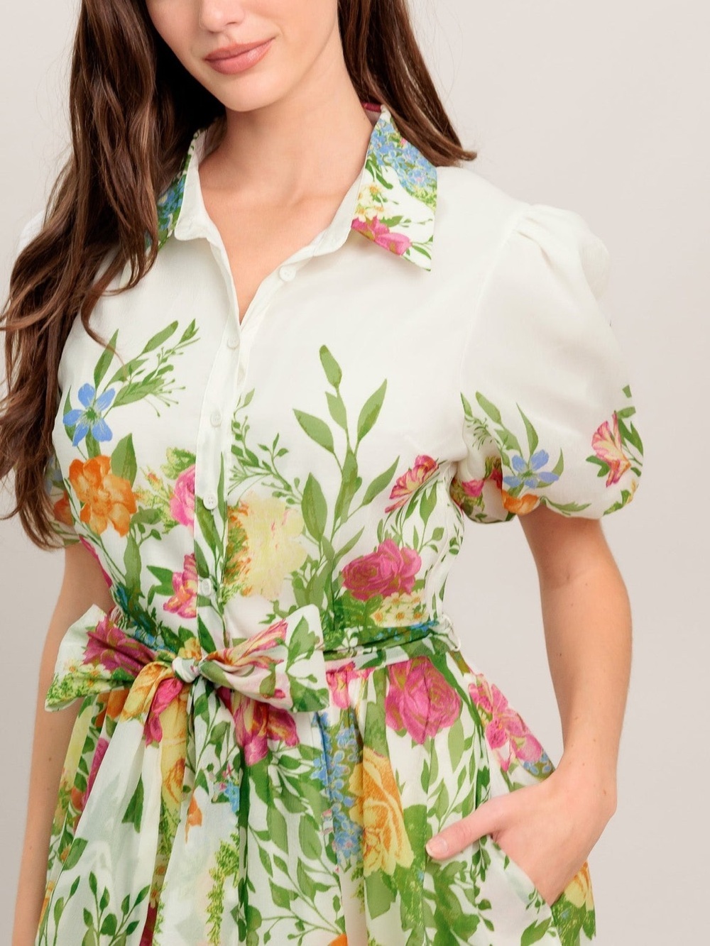 Flying Tomato Midi Floral Tie-Waist Dress in Cream and Green with Bell Sleeves - Picture 4 of 16